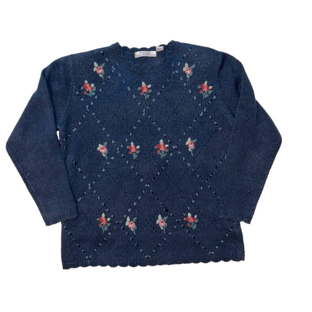 Vintage Embroidered Sweater Pullover Scallop Hem Chinawear Ribbon Floral Size M